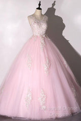 Ball Gown Pink V-Neck Semi Formal Prom Dress Tulle Applique Long Evening Dress