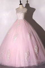 Ball Gown Pink V-Neck Semi Formal Prom Dress Tulle Applique Long Evening Dress