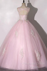 Ball Gown Pink V-Neck Semi Formal Prom Dress Tulle Applique Long Evening Dress