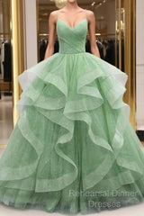 Ball Gown Semi Formal Prom Dresses Glittering Dress Formal Floor Length Sleeveless V Neck Tulle With Glitter Ruffles