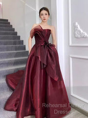 Ball Gown Strapless Burgundy Organza Semi Formal Prom Dresses Evening Dress