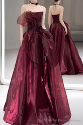 Ball Gown Strapless Burgundy Organza Prom Dresses Long Evening Dress