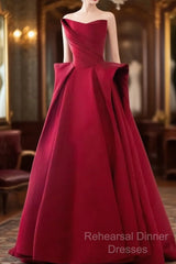 Ball Gown Strapless Burgundy Satin Semi Formal Prom Dresses Evening Dress