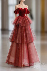 Ball Gown Strapless Tulle Long Red Semi Formal Prom Dress Evening Dresses