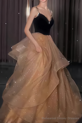 Ball Gown Straps Tulle Champagne Party Dress Long Prom Dress