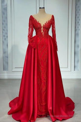 Chic V-neck Lace Prom Dresses Evening Gown With Long Sleeves