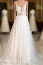 Beach Wedding Dress Court Train A-Line Spaghetti Strap Sweetheart Lace With Buttons Appliques