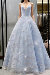 Beaded Tulle Semi Formal Prom Dresses Ball Gown Plunge Neck