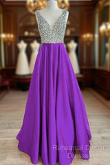 Beaded V Neck Long Satin Violet Semi Formal Prom Dresses