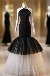 Beading Mermaid Black And White Halter Tulle Evening Prom Dress