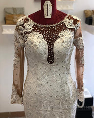 Beading Mermaid Sheer Tulle Wedding Dresses Appliques Long Sleeves Bridal Dresses