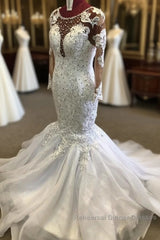 Beading Mermaid Sheer Tulle Wedding Dresses Appliques Long Sleeves Bridal Dresses