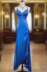 Beautiful Backless Beaded Satin Sheath Royal Blue Long Semi Formal Prom Dress Formal Evening Gown