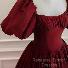 Beautiful Ball Gown Square Neckline Satin Long Red Semi Formal Prom Dress