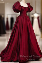 Beautiful Ball Gown Square Neckline Satin Long Red Semi Formal Prom Dress