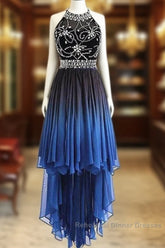 Beautiful Beaded High Low Chiffon Gradient Party Dress, Blue Homecoming Dress