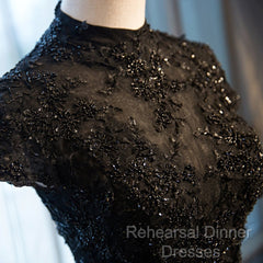 Beautiful Black Cap Sleeves Long Tulle Party Dress, Black Semi Formal Prom Dress