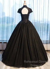 Beautiful Black Cap Sleeves Long Tulle Party Dress, Black Semi Formal Prom Dress