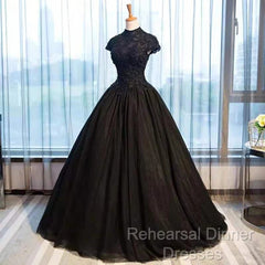 Beautiful Black Cap Sleeves Long Tulle Party Dress, Black Semi Formal Prom Dress