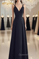 Beautiful Black Chiffon Straps Long A-Line Junior Evening Prom Dress, Black Party Gowns