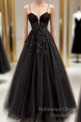Beautiful Black Tulle Applique Semi Formal Prom Dress Elegant Evening Dress Party Dress