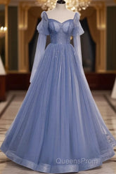 Beautiful Blue Sheer Beaded Long Party Dress, A-Shaped Long Sleeved Backless And Floor Length Evening Dress