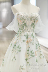 Beautiful Floral Lace Tulle Long Semi Formal Prom Dress, White Off The Shoulder Evening Party Dress