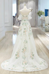 Beautiful Floral Lace Tulle Long Semi Formal Prom Dress, White Off The Shoulder Evening Party Dress