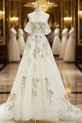 Beautiful Floral Lace Tulle Long Semi Formal Prom Dress, White Off The Shoulder Evening Party Dress
