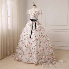 Beautiful Flowers Ball Gown Long Party Dress, Short Sleeves Semi Formal Prom Dress