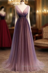 Beautiful Gradient V-Neckline Tulle Long Semi Formal Prom Dress Party Dress, Gradient Evening Gown