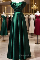 Beautiful Green Satin A-Line Off Shoulder Evening Prom Dress, Green Evening Dress Party Dress