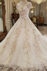 Beautiful Ivory High Neckline Tulle With Flower Lace Party Dress, Ivory Wedding Dress