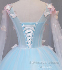 Beautiful Light Blue Butterfly Lace Ball Gown Semi Formal Prom Dresses, Sweet 16 Formal Dresses