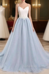 Beautiful Light Blue Tulle And White Top Long Wedding Party Gowns, Straps Junior Semi Formal Prom Dress