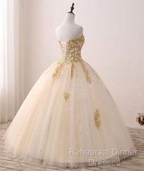 Beautiful Light Champagne Ball Gown Party Dress, Sweet 16 Dress With Gold Applique