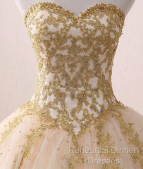 Beautiful Light Champagne Ball Gown Party Dress, Sweet 16 Dress With Gold Applique