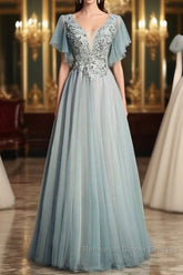 Beautiful Light Green Tulle Long Party Dress, Green Lace Low Back Semi Formal Prom Dress Evening Dress