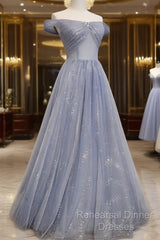 Beautiful Long Strapless Blue Tulle Beaded Long, A Line Off Shoulder Semi Formal Prom Dress