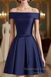 Beautiful Navy Blue Satin Knee Length Homecoming Dress, Blue Short Semi Formal Prom Dress