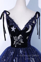 Beautiful Navy Blue Tulle Long Semi Formal Prom Dress, Spaghetti Straps Lace Flower Backless Formal Dress
