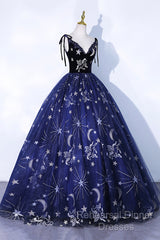 Beautiful Navy Blue Tulle Long Semi Formal Prom Dress, Spaghetti Straps Lace Flower Backless Formal Dress