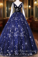 Beautiful Navy Blue Tulle Long Semi Formal Prom Dress, Spaghetti Straps Lace Flower Backless Formal Dress