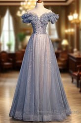 Beautiful Off Shoulder Puffy Sleeves Beaded Party Dress Semi Formal Prom Dress, Blue Evening Gown