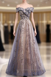 Beautiful Off Shoulder Tulle With Lace Long Evening Gown, Floor Length Semi Formal Prom Dresses