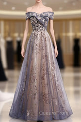 Beautiful Off Shoulder Tulle With Lace Long Evening Gown, Floor Length Evening Prom Dress
