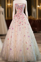 Beautiful Pink Beaded Flowers A-Line Strapless Long Semi Formal Prom Dress Gorgeous Formal Evening Dress