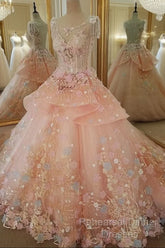 Beautiful Pink Flowers Round Neckline Sweet 16 Dress, Pink Quinceanera Dress