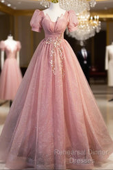 Beautiful Pink Tulle Floor Length Semi Formal Prom Dress, Cute Short Sleeve Evening Dress