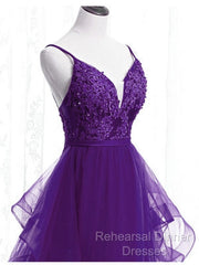 Beautiful Purple Tulle Layers With Lace Long Evening Dresses, Purple Semi Formal Prom Dress Party Dresses